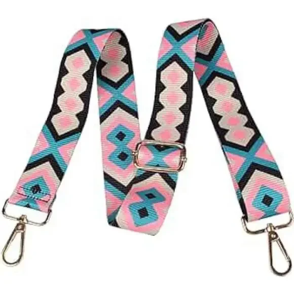 Geometric Pattern Adjustable Purse Strap In Pink, Black and Blue - Picture 3 of 9